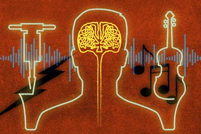 An outline illustration of the shape of a man's head and shoulders is flanked on either side by the outlines of a power tool and a violin. In the background are musical notes and soundwaves.